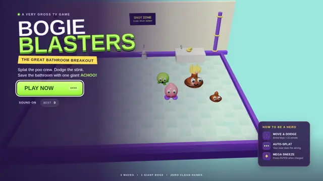 Bogie Blasters: a silly 3D bathroom arena with goofy cartoon critters